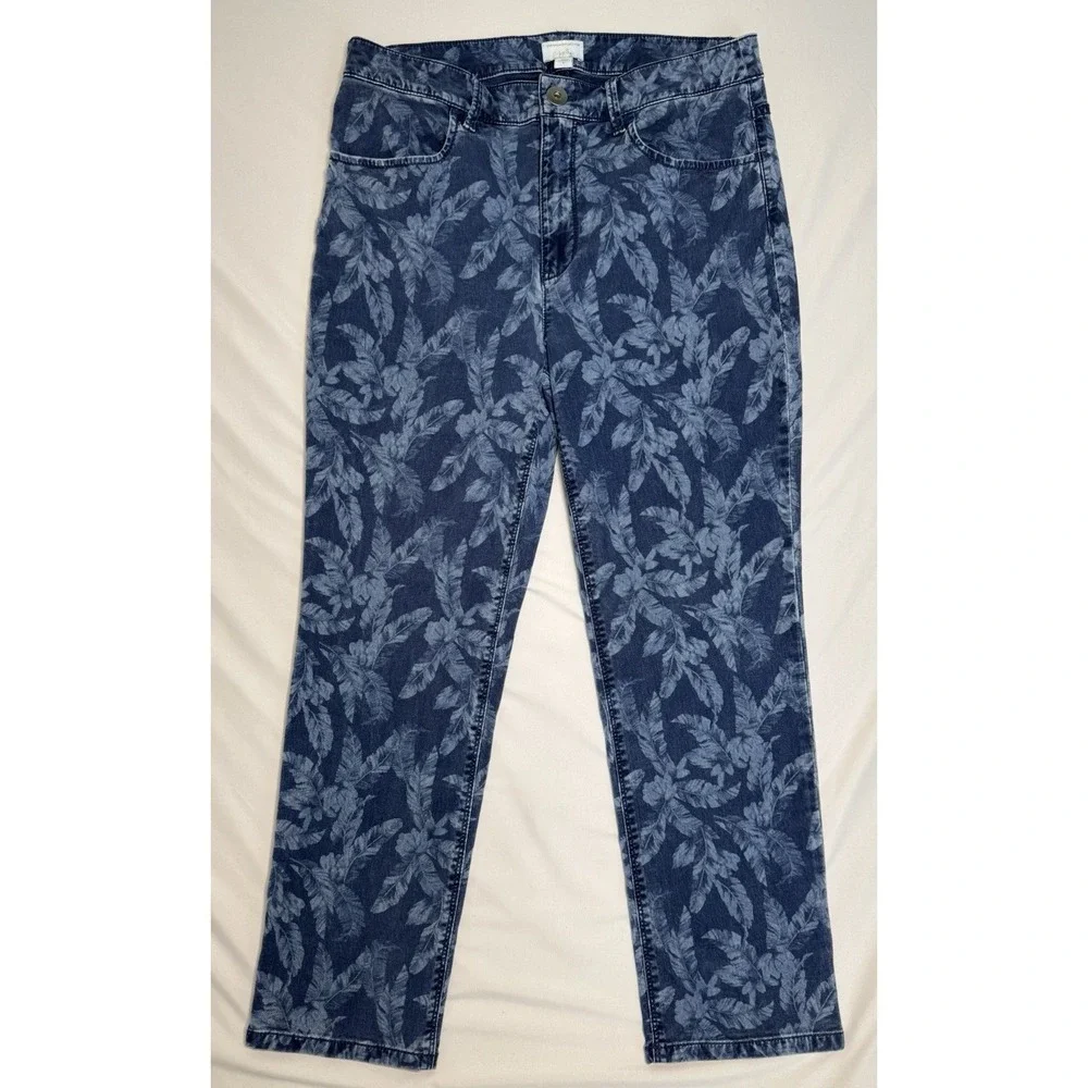 I.‎ Jill Christian Siriano Blue Leaf Print Stretch Jeans Tropical Women's Size 6